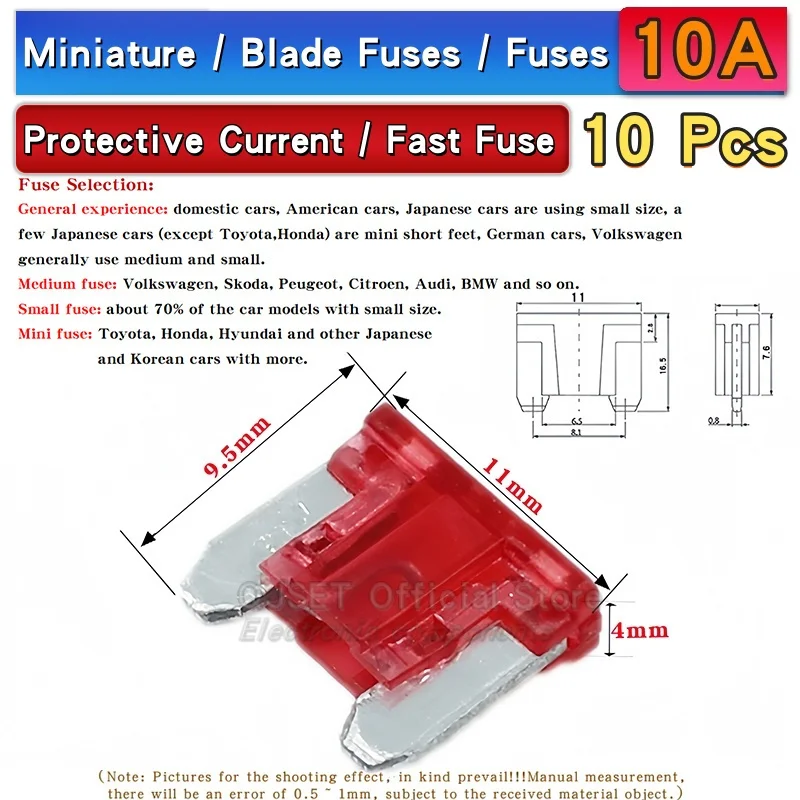 Assorted Miniature Medium-Small Amp Fuses Set - 10 pcs, 5A to 50A Range