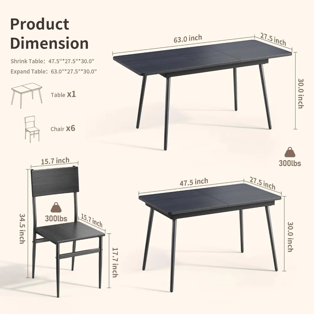 7-Piece Dining Table for 4-6, 63&rdquo; Large Extendable Kitchen Table Set with 6 Chairs, Dining Set for Room