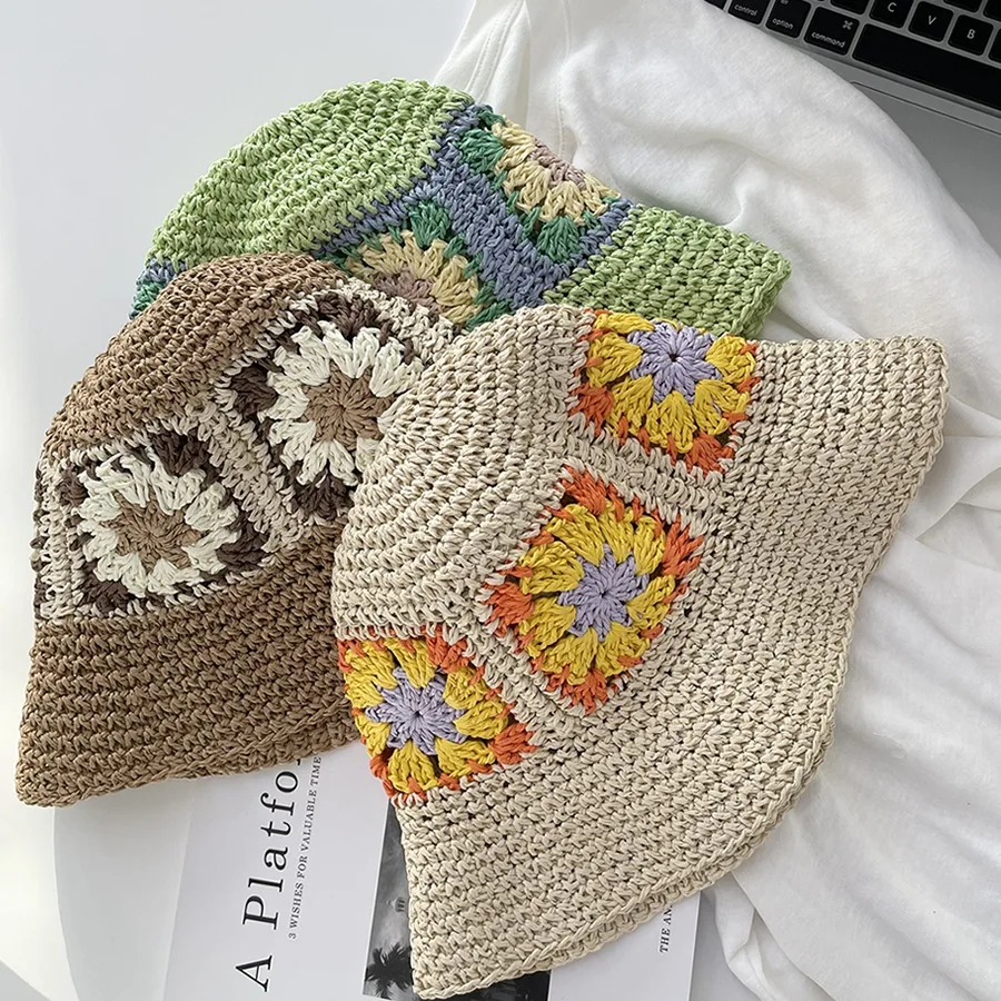 

New Women Summer Sun Hats Beach Panama Straw Hat Wide Wave Brim Folded Crochet Hats Leisure Holiday Raffia Cap Visors Bucket Hat