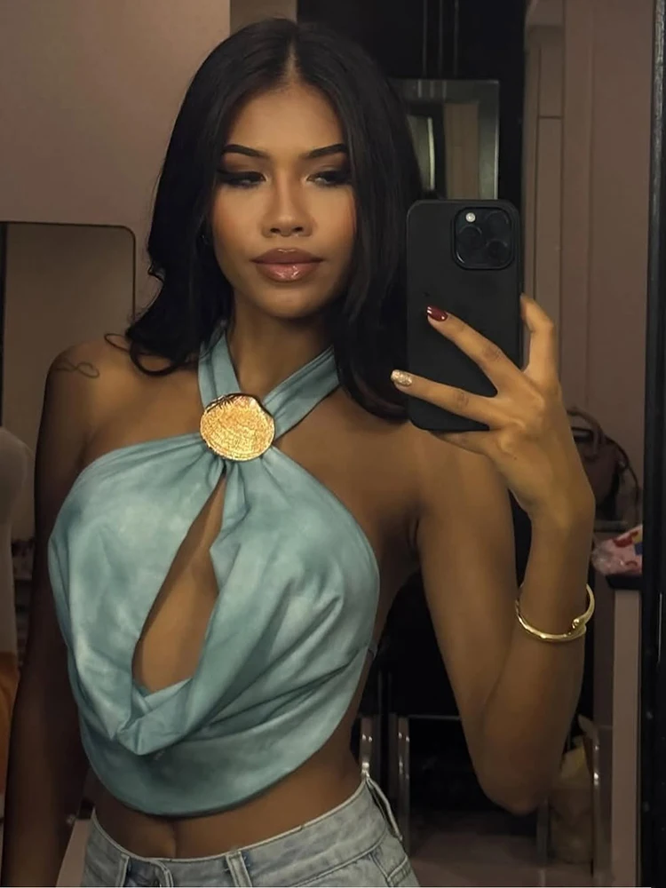 Nibber Satin Silky Seashell Halter Camisole Women Backless Swing Collar Midnight Clubwear Skinny Beach Vacation Sexy Tank Tops