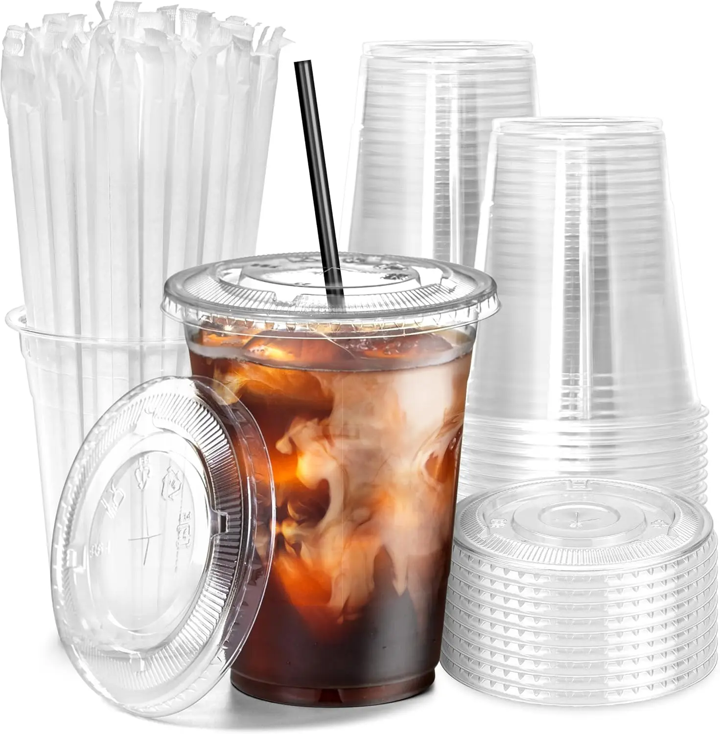 Disposable Clear Plastic Cups with Flat Lids - BPA-Free Premium Smoothie and Iced Coffee Cups