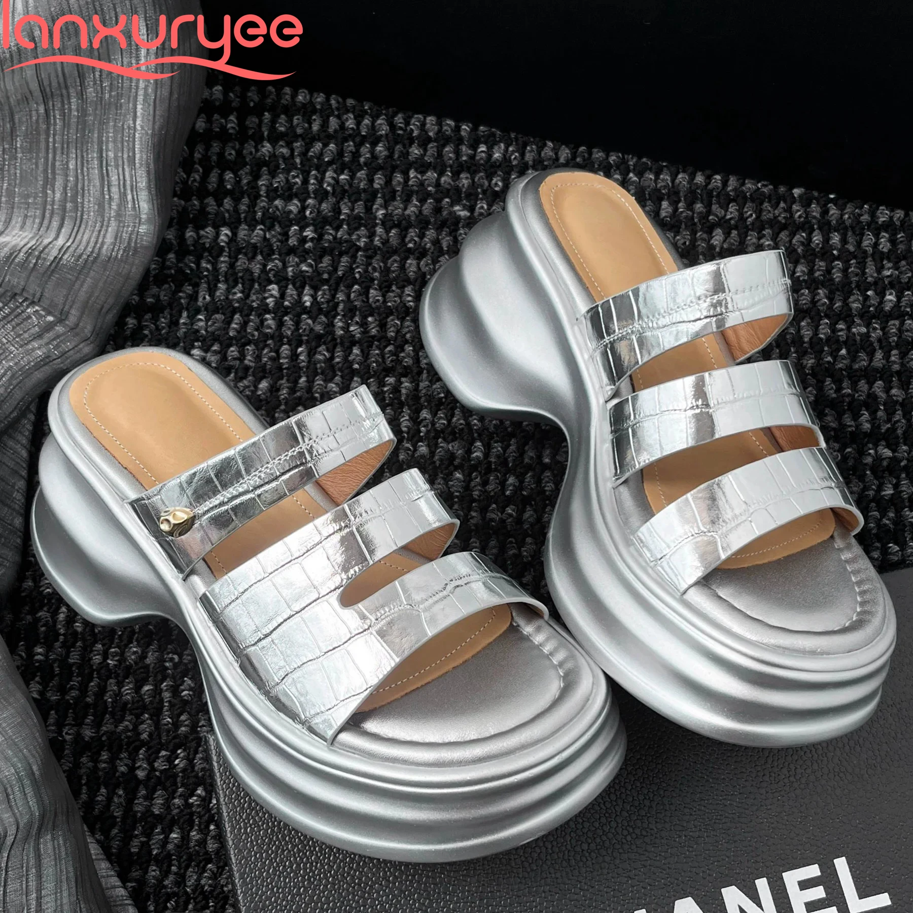 Lanxuryee Cow Leather Slip On Summer Shoes Slingback Mules High Heels Slippers Comfort Concise Ins Casual Platform Women Sandals