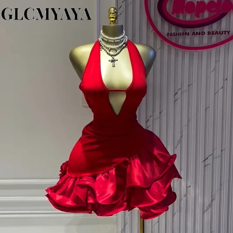 GLCMYAYA Women Sleevelss Halter V-neck Ruffles Ball Gown Smock A-line Mini Midi Dress 2025 Summer Vacation Holiday Party Dresses 2