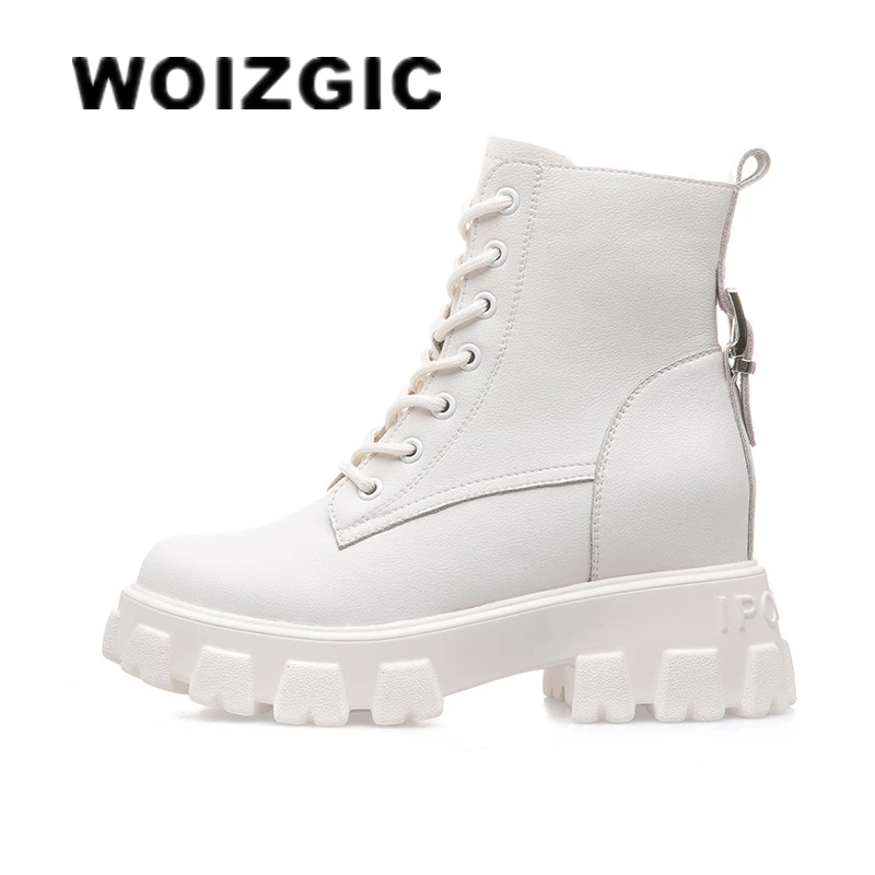 

Женские ботильоны из натуральной кожи WOIZGIC, осенне-зимние дышащие ботинки на платформе со шнуровкой и мехом, размеры 34-40