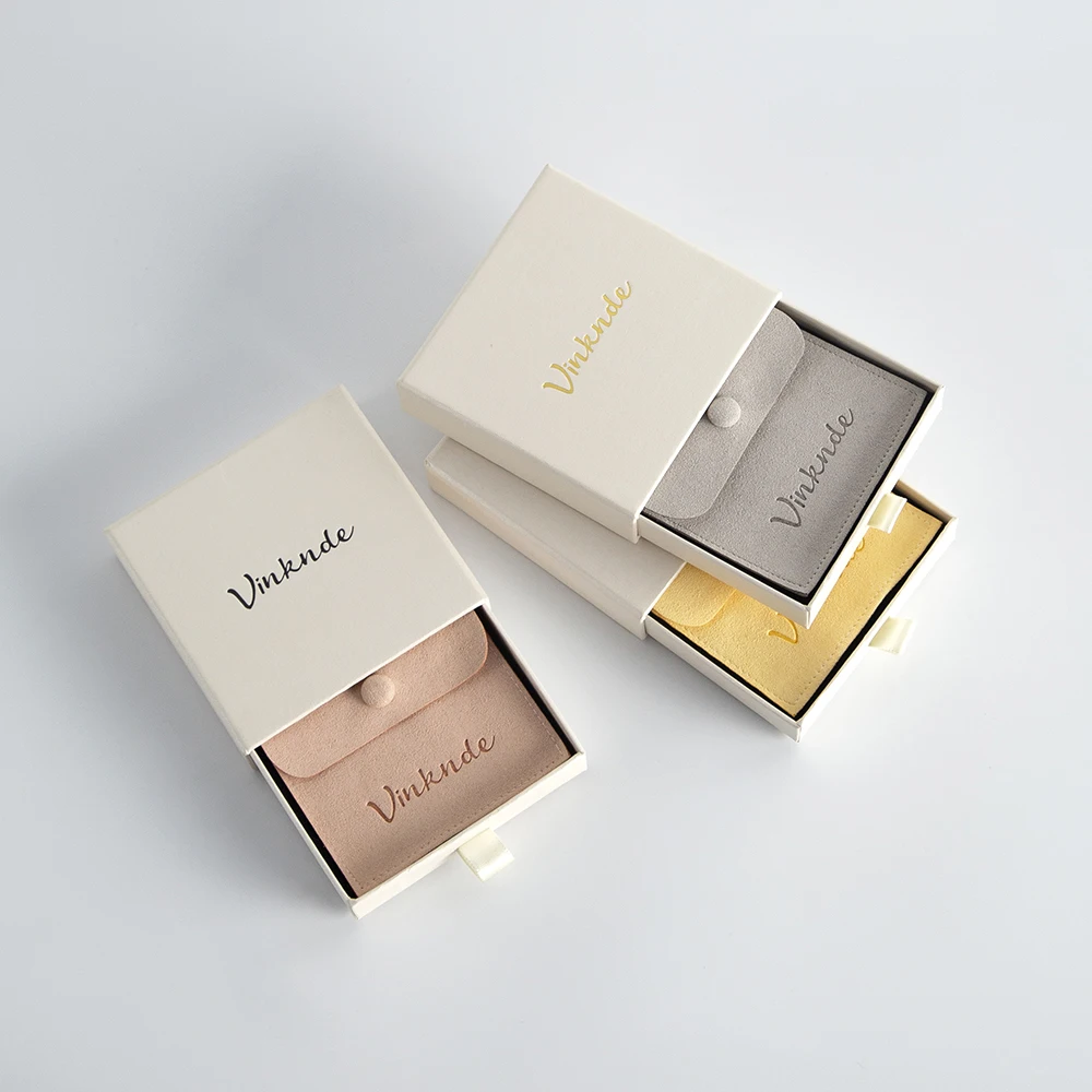 9x9x2.5cm Beige Drawer Box Microfiber Button Snap Pouches Set Custom Logo Jewelry Packaging Gift Bags Boxes Wedding Party Gift
