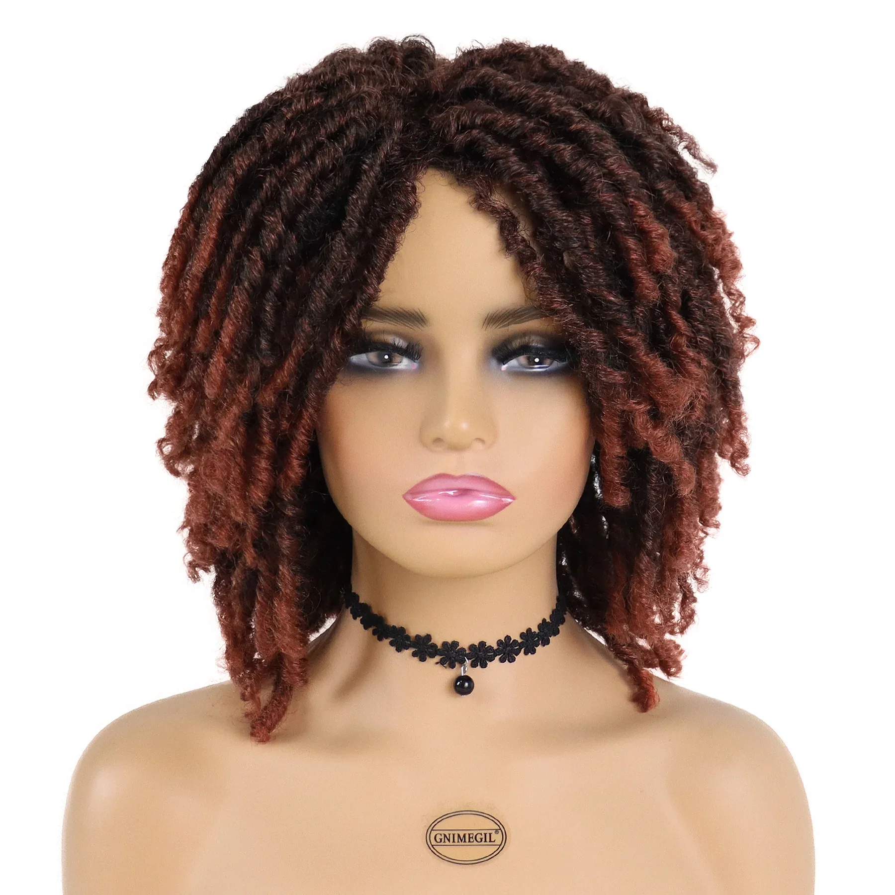 GNIMEGIL Synthetic Curly Braided Wigs for Women Locs Crochet Twist Hair Short Afro Wig Ladies Dreadlock Wig Ombre Auburn Daily