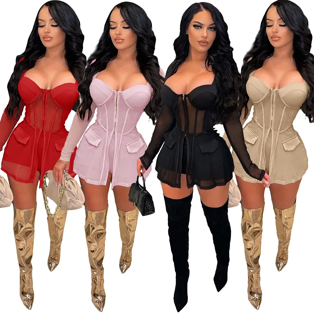 2022 Street Sexy Two Piece Set Women See Through Mesh Zipper Elasticity Top and Shorts Summer Nightclub Party Suit Women Outfits two piece skirt set