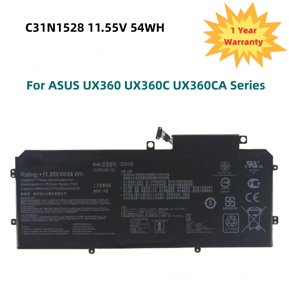 C31N1528 Аккумулятор для ноутбука ASUS UX360 UX360C UX360CA Series 3ICP3/96/103 0B200-02080100 11,55 V 54WH аккумулятор для asus q551ln 0b200 01050000m a1a1a 430 b31n1402