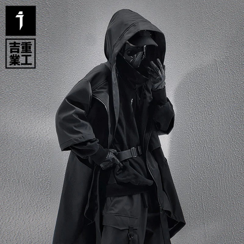Irregular Design Tactical Function Trench Coat Mens Clothing Y2K Techwear High Street Mid-length Techwear Outerwear