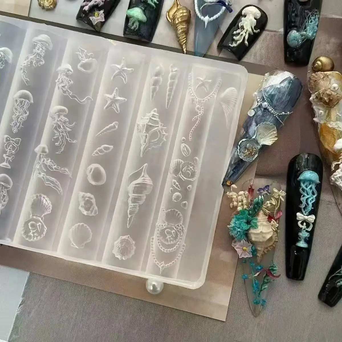1개 해양 실리콘 네일 몰드, 3D 조개 불가사리 돌고래 네일 아트, 여성용 매니큐어 장식 도구, DIY 여름 네일