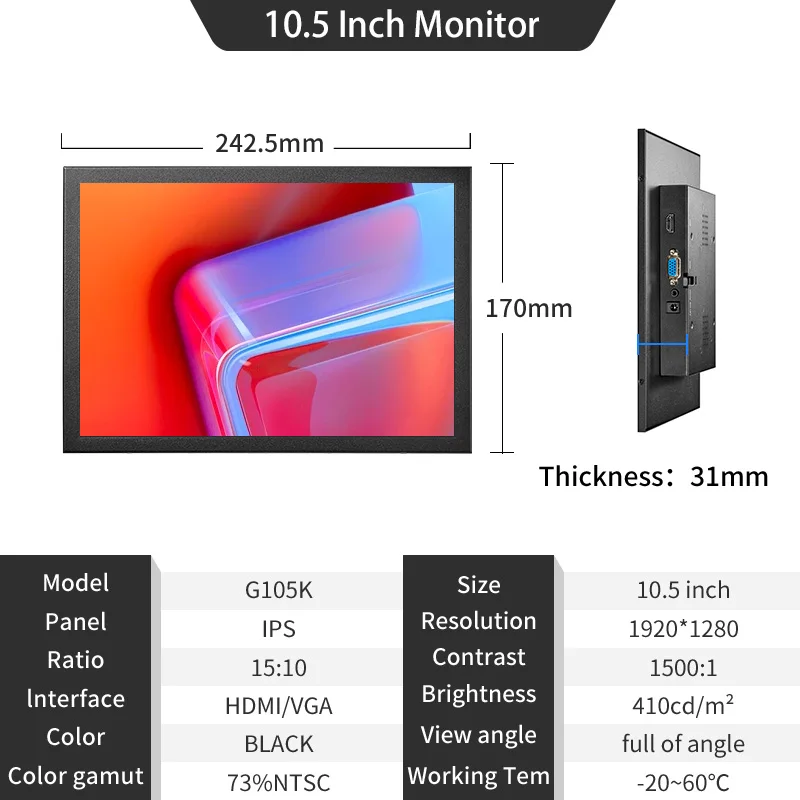 Zhixianda ݼ ̽  HD ũž ǻ LCD ȭ VGA HDMI Ʈ  1920*1280 ̵ ũ ĵ ÷ 10.5 ġ