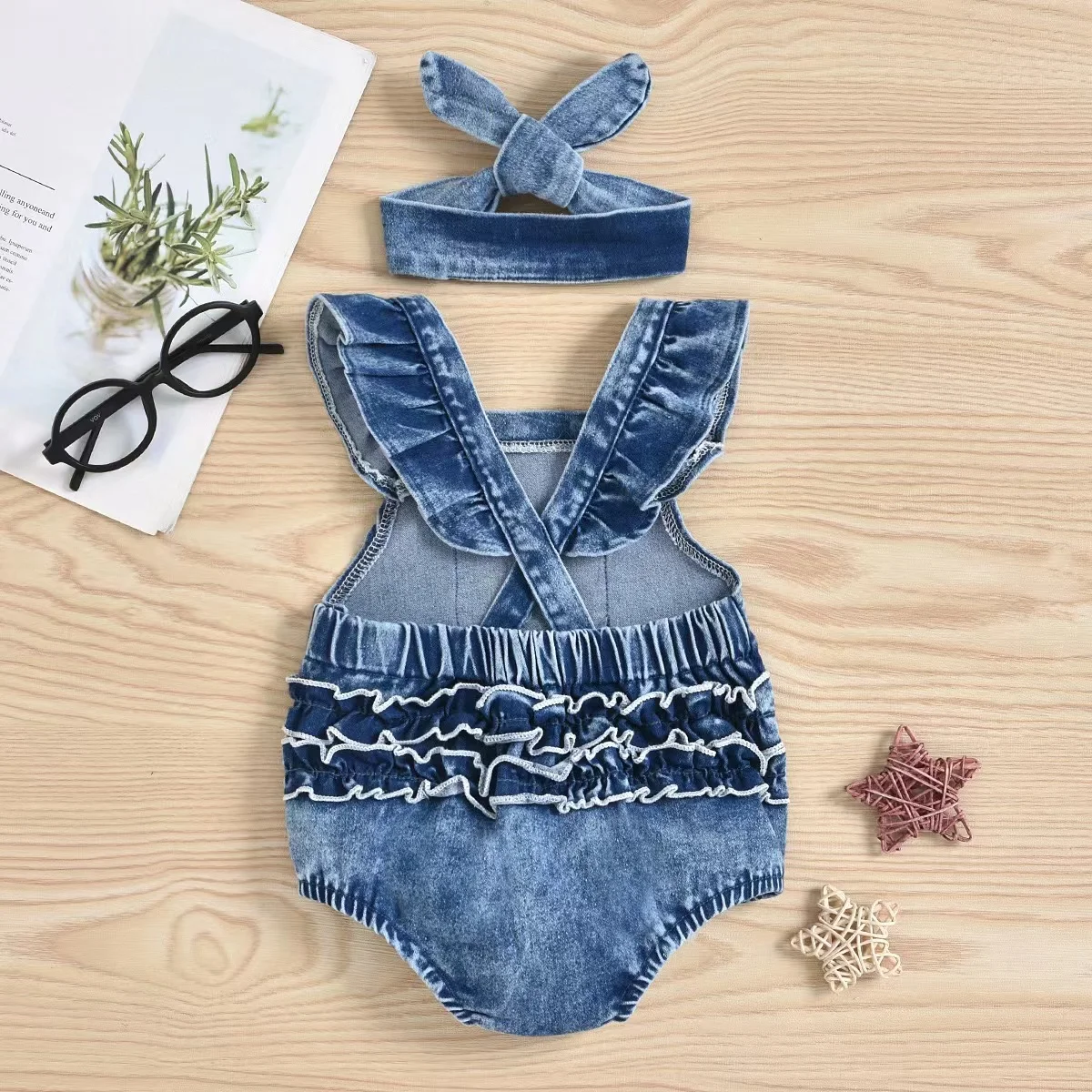 Cotton romper trendy denim shirred trim sleeveless baby girls jumpsuit infant newborn summer clothing
