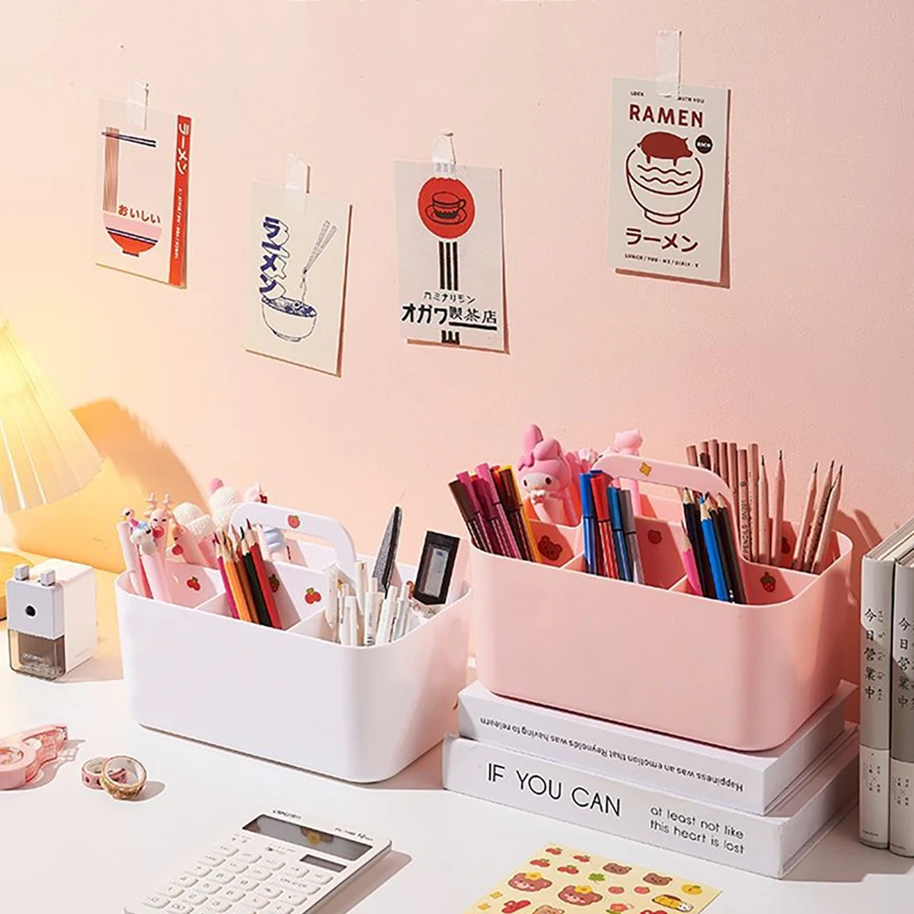Desktop Marker Holder Art Supply Storage Box Cosmetic Plastic Storage Basket With Handle Pencil Pen Stationery Case pencil case pen holder desk organizer pen and brush holder desk storage rack