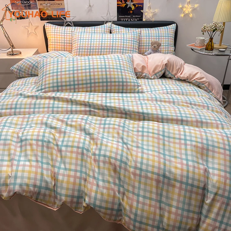 

Plaid Style Duvet Cover Set,Bedding Set with Sheets and Pillowcases, Skin Friendly Bedding Set, King, Single, Double