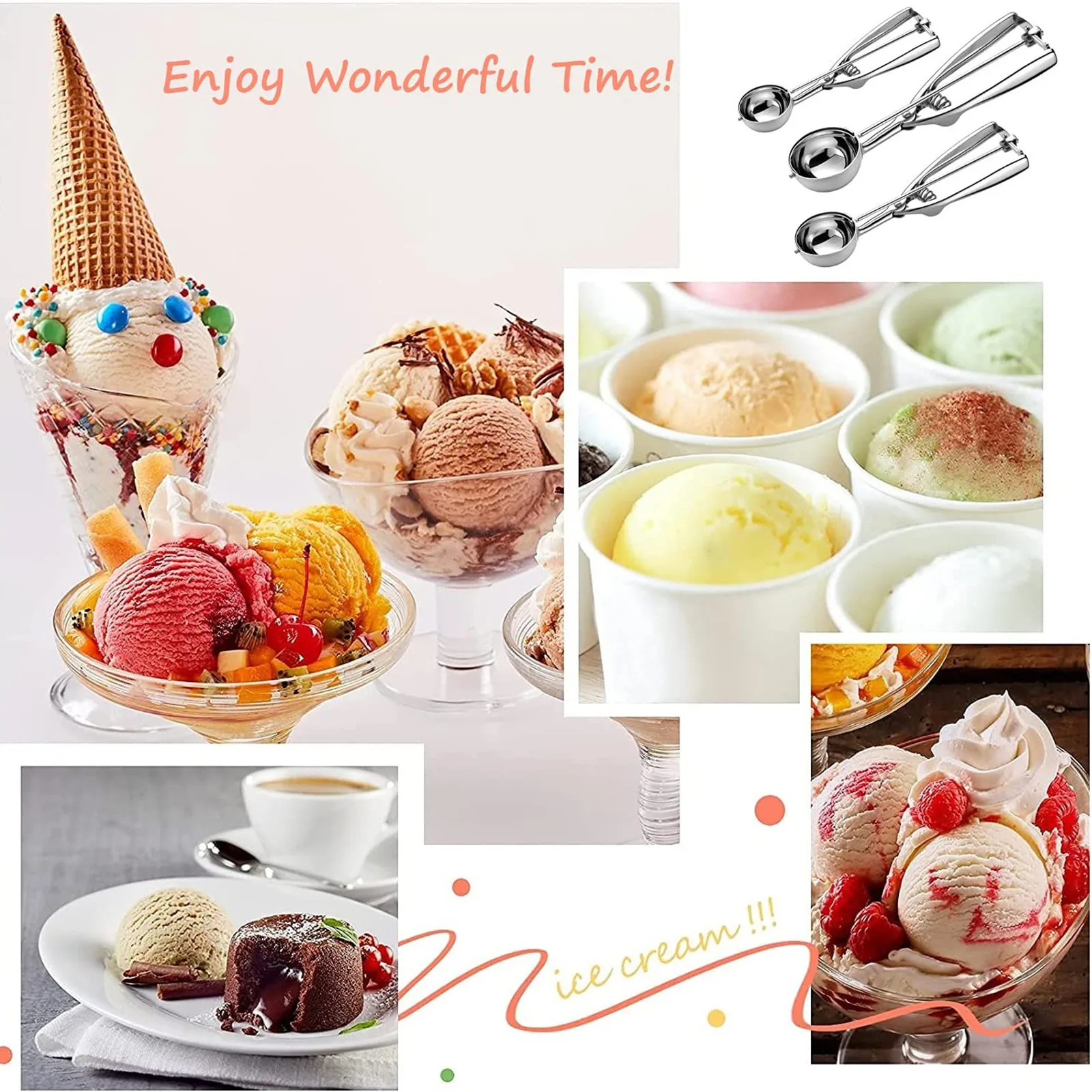 Ice Cream Scoop 3 Size Trigger Metal Cookie Spoon Melon Baller Stainless Steel Dough Spoon Scooper
