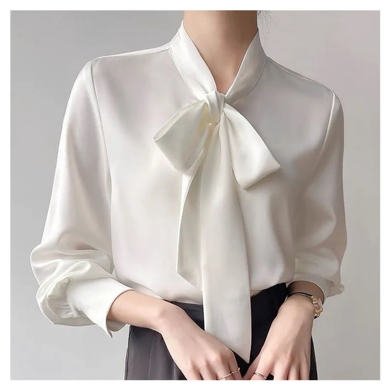 

Осенняя рубашка из шифона женская рубашка профессиональная блузка с полным рукавом чистый цвет бант для отдыха белая рубашка элегантная леди румян