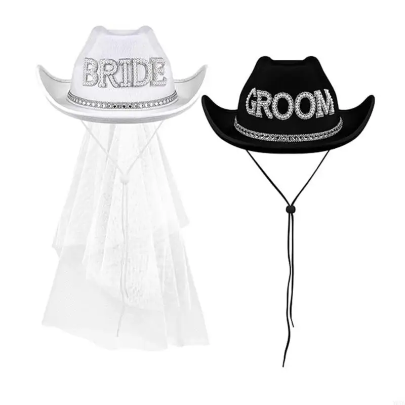 W0YA Jeweled Cowgirl Hat with Rhinestones for Bride Bachelorette Party Hand Beading Veil Hat Wedding Photos