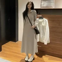 Early Autumn 2025 New Hooded Sweatshirt Black Long Sleeve Dress Women High Sense Small Size Long Skirt Polyester Fiber Knee-Leng