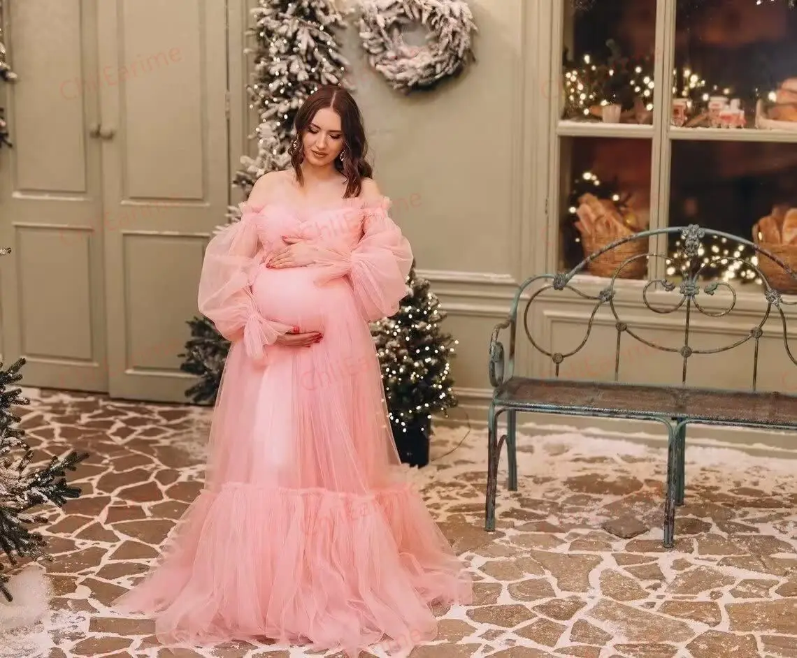 Fluffy Tulle Maternity Dress for Photoshoot Long Sheer Sleeve Off Shoulder Bridal Baby Shower Pregnant Gown