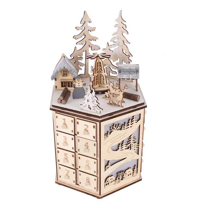 

HOT-LED Revolving Music Box Advent Calendar Decorated With LED Lights Wooden Carved 24 Day Countdown To Christmas Calendar