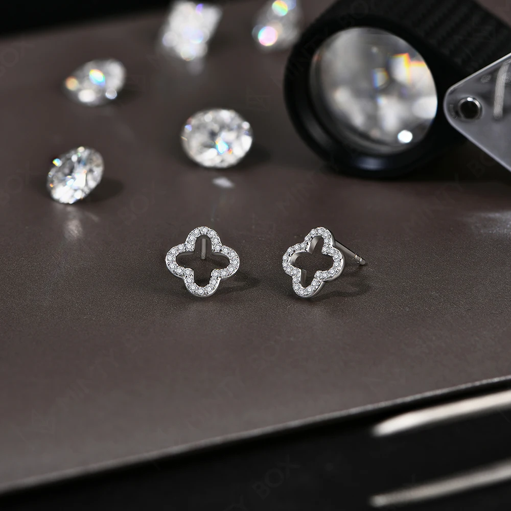 S925 Sterling Silver Moissanite Diamond Stud Earrings for Women Clover 18k White Gold Plated Flower Wedding Fine Jewelr