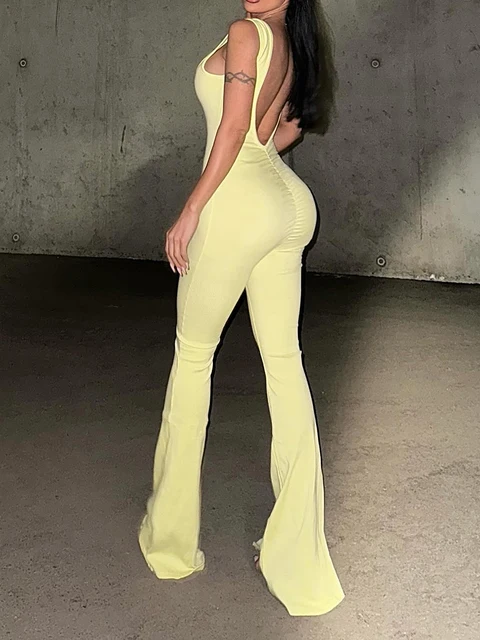 Women's slim fit solid color bell bottom pants sexy suspender jumpsuit pants