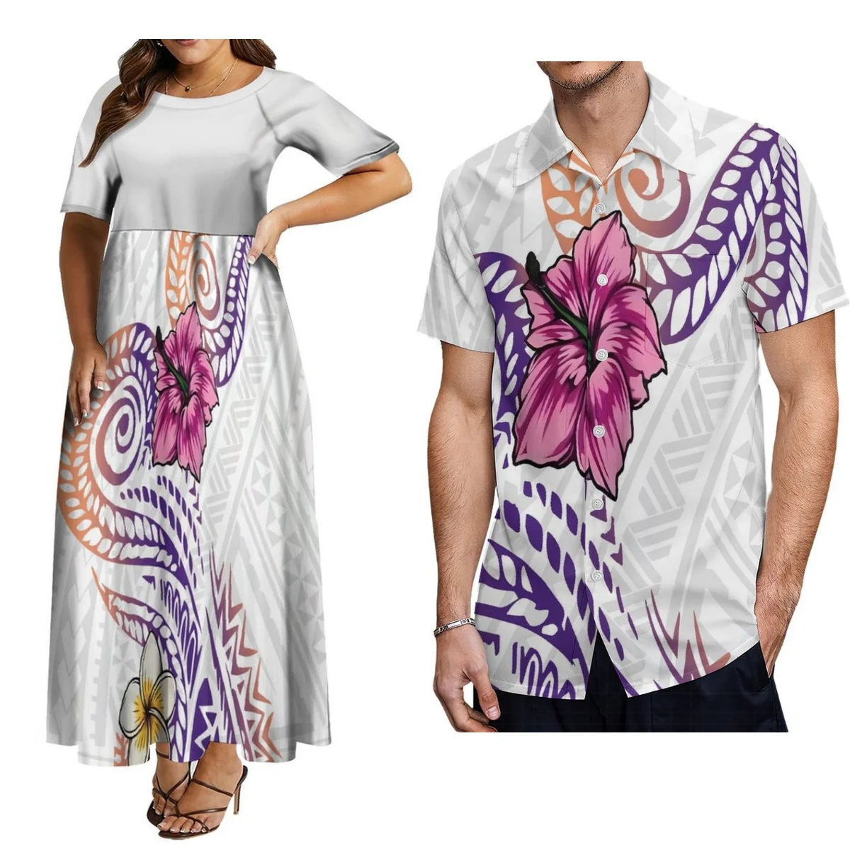 

Luxury Design Crew Neck Dress Polynesian Tribal Fashion Short Sleeve Long Dress Matching Men'S Shirt Samoan Couple Suit