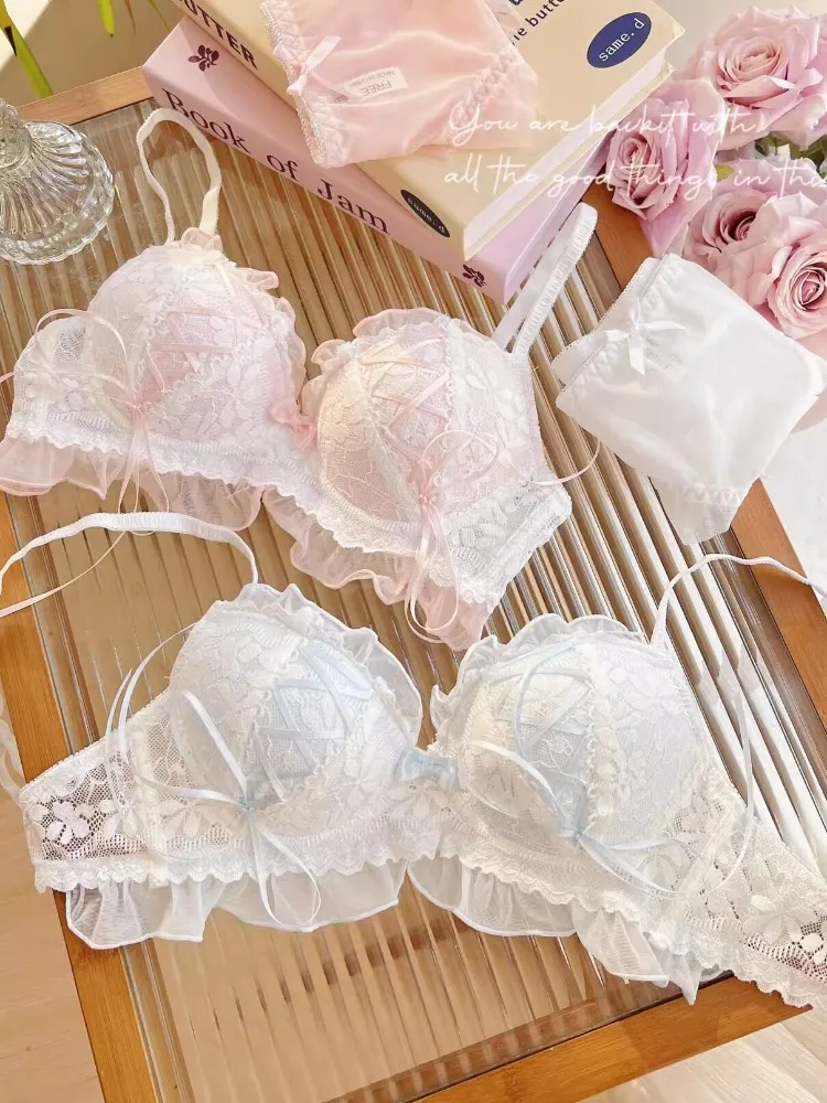 YEMOMO Japanisches Spitzen-Dessous-Set für Damen, kabellos, Push-up, Anti-Sag-BH für kleine Oberweiten, Lolita-Stil, weich, leicht und komfortabel, Alltags-Bralette, Größe S-XLAB_voghion.com