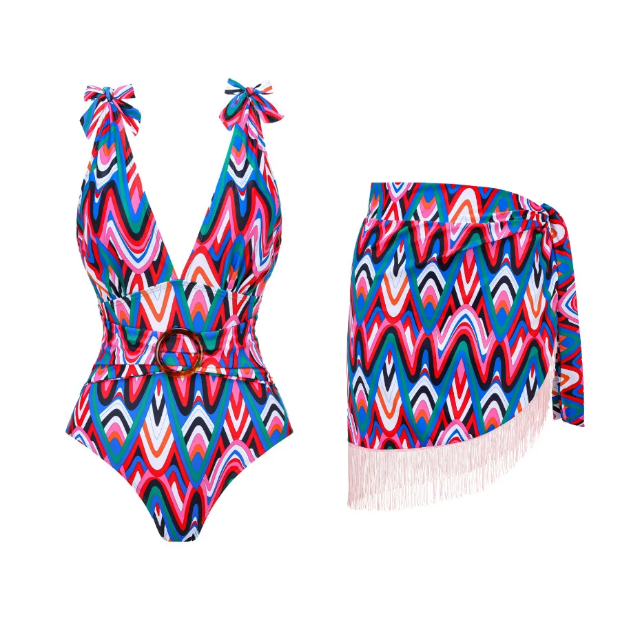 

Sexy Deep V-neck Tie Up One Piece Swimsuit Feminine 2023 Fashion Printed High Waisted Swimwear Cover Up Beach Outing Bikini Set