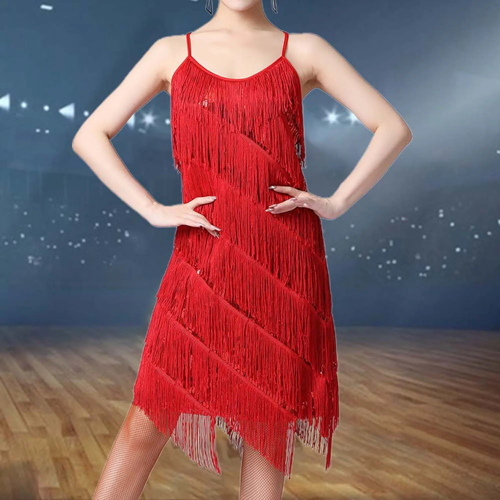 Women Tassels Fringe Dress Sleeveless Glitter Fashion V Neck Dance