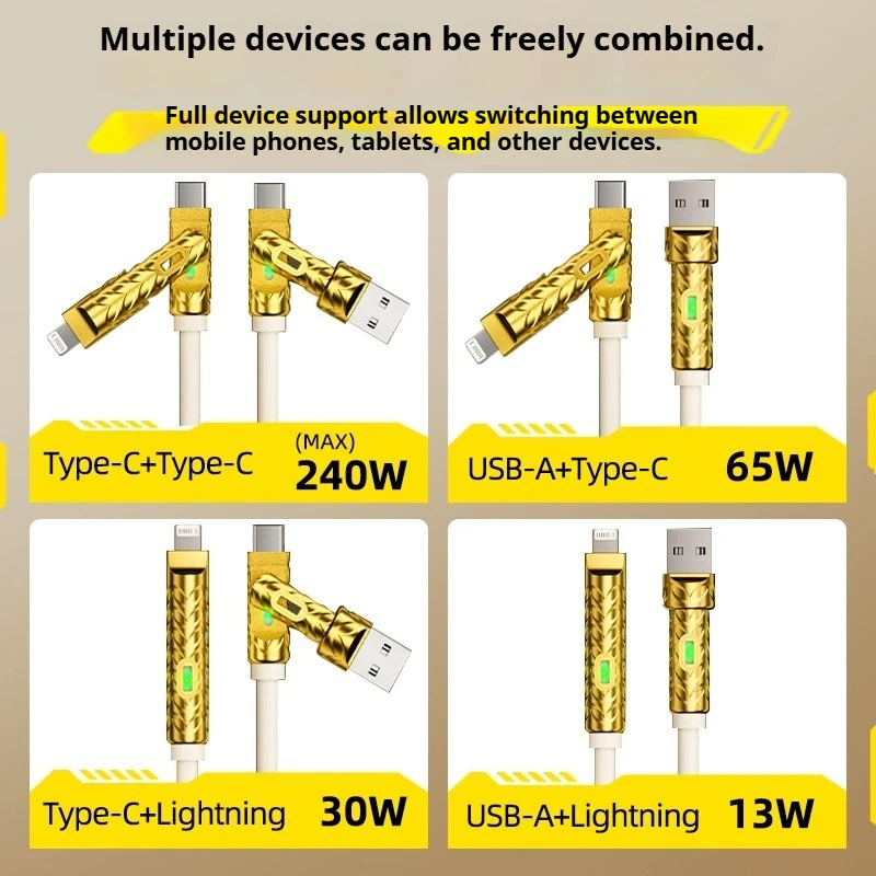 Eary 4 in 1 Charging Cable 240W USB A/Type C/Lighting Fast Charging Cable  Charger Cord with E-Mark Chip for iPhone iPad Tablet
