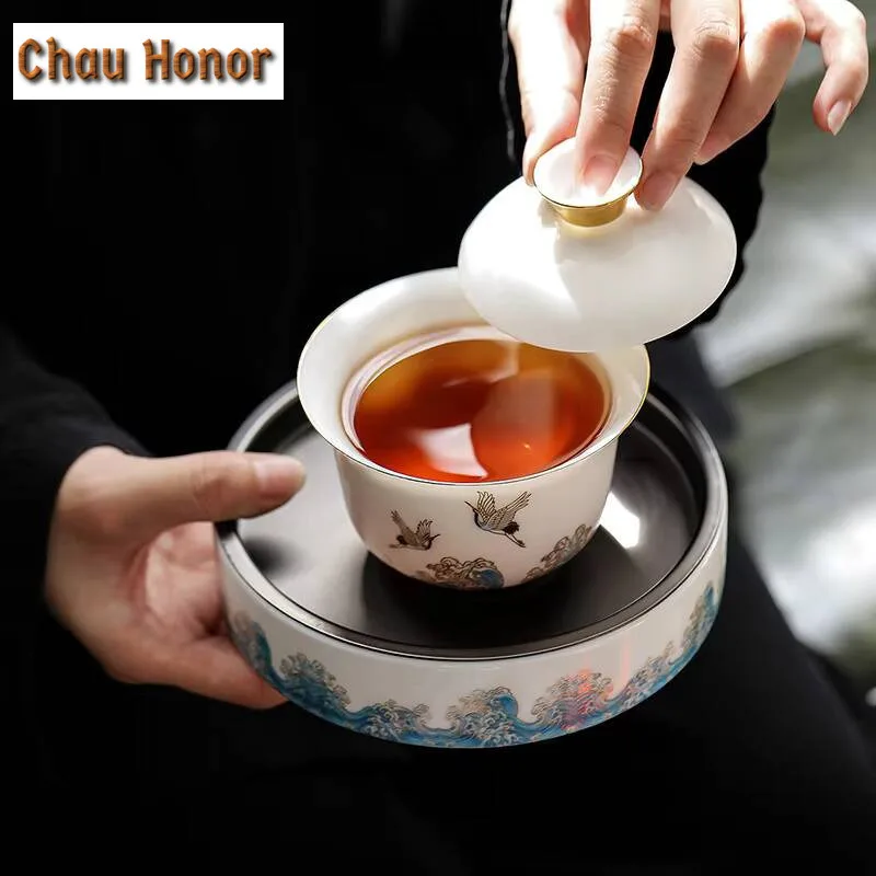 200ml Crane Mutton Fat Jade White Porcelain Gaiwan Japanese Tea Tureen Tea Bowl With Lid Kit Tea Maker Cover Bowl Cafes Ornament