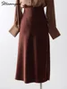 Streamgirl Luxury Satin Slit Skirts For Women Midi 2025 Spring A Line Solid Green Skirts Formal Lady Office Women's Midi Skirts 2