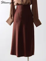 Streamgirl Luxury Satin Slit Skirts For Women Midi 2025 Spring A Line Solid Green Skirts Formal Lady Office Women's Midi Skirts 2