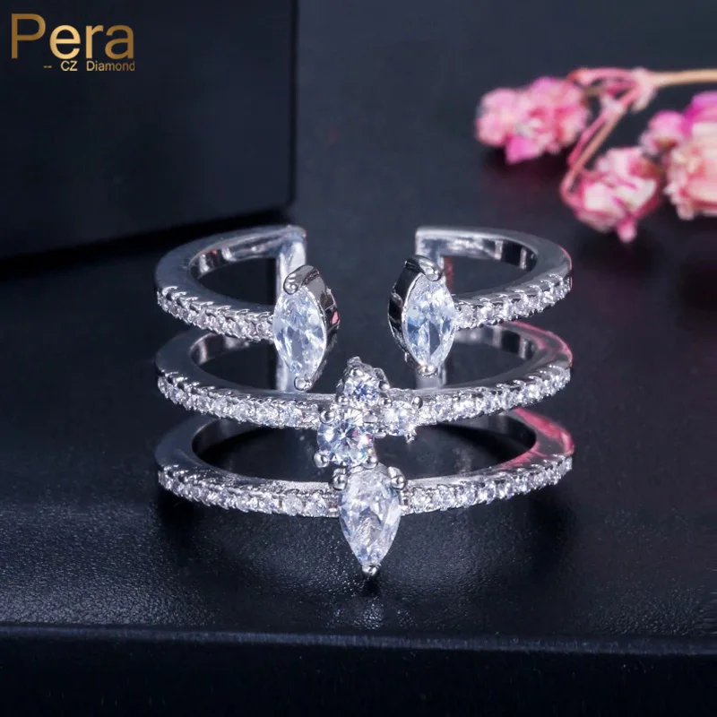 Pera Fashion Three Layers Shiny Cubic Zirconia Big Regolabile Cocktail Party Open Cuff Finger Rings For Women Dress Jewelry R126