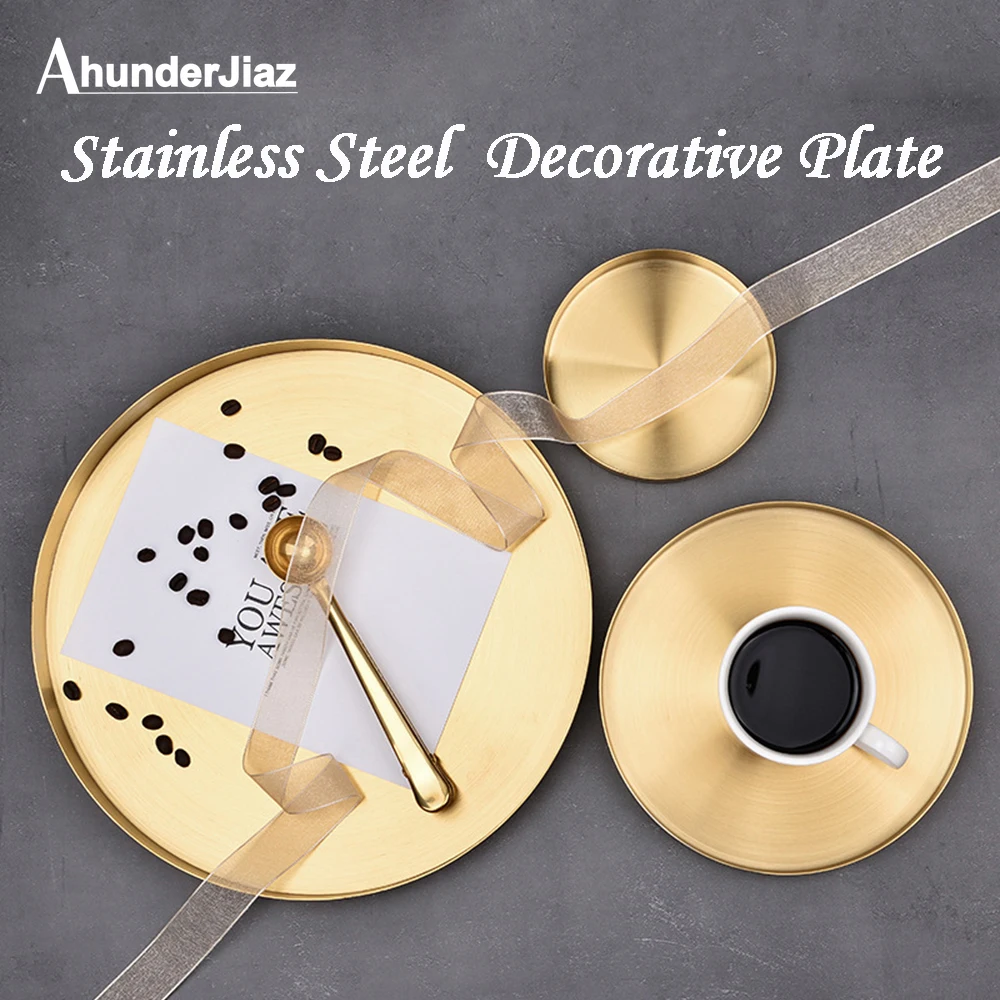 Fashion Golden Round Storage Tray Stainless Steel Jewelry Food Sundries Makeup Organizer Decorative Plate Home Decoration | Дом и сад