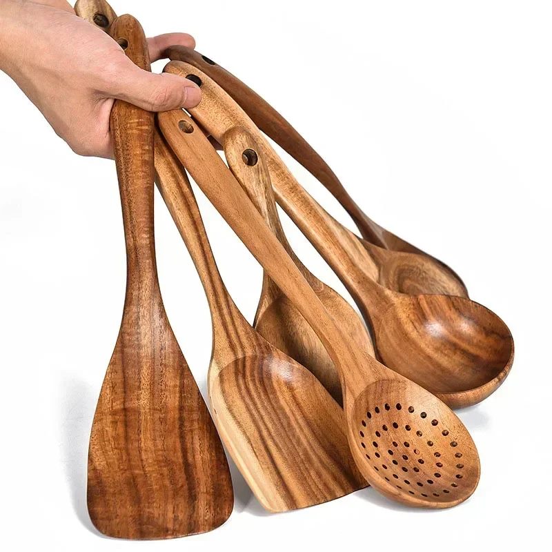 Thailand Teak Natural Wood Tableware Spoon Rice Colander Soup Skimmer Cooking Soup Spoons Scoop Kitchen Set Tool wooden spoon