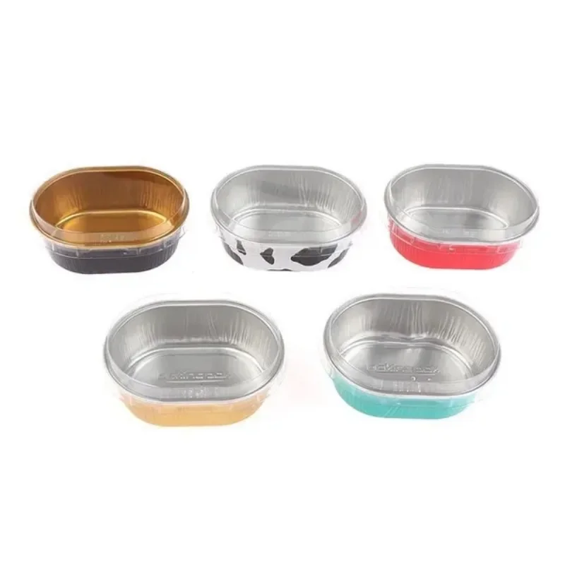 10Pcs Oval Foil Baking Molds DIY Baking Pudding Cups Heat Resistant Lid Cake Cups Half Cooked Cheese Molds