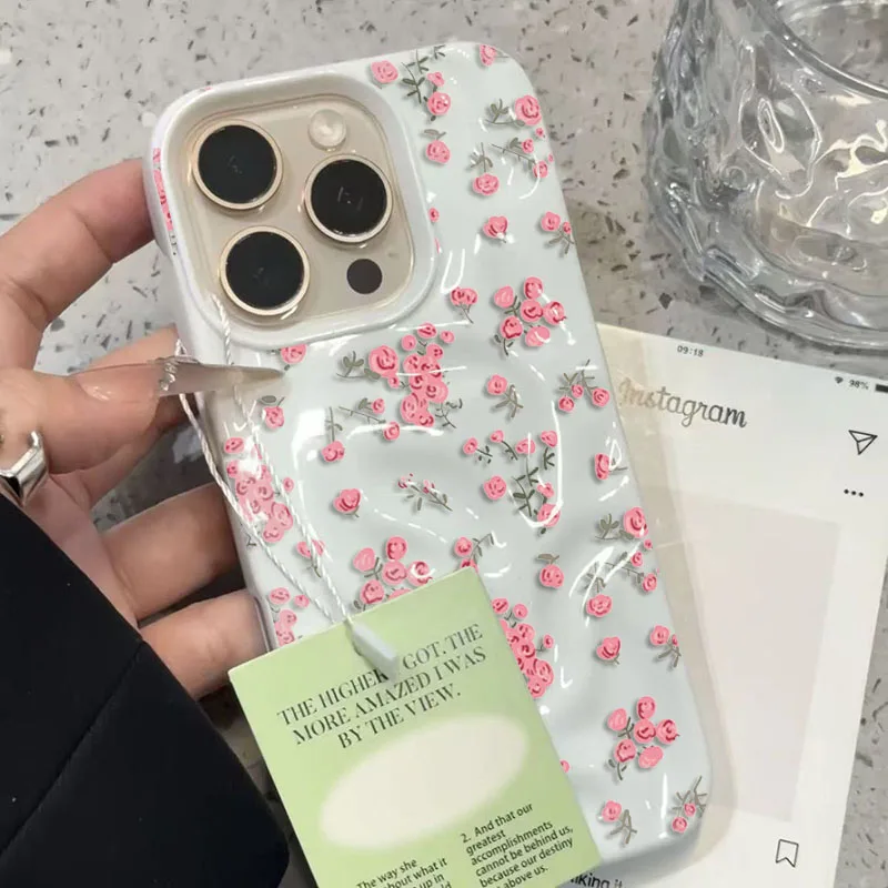 Elegant Pink Floral Pattern Shockproof TPU Phone Case with Textured Soft Cover