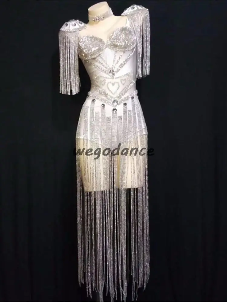 New Crystals Epaulet Fringes Leotard Sexy Women Sparkly Tassel Outfit Women Celebrate Costume Stage Party Singer Dance Wear