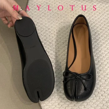 Spring Women Flat Split Toe Shoes with Bow Soft Leather Bow Tie Front Shallow Slip On  Girls Tabi Shoes Flats Ballet Shoes 1