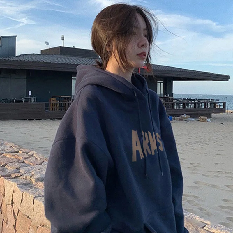 2023 Winter Women's Vintage Long Sleeve Letter Print Sweatshirts American Retro Hooded Drawstring Female Fashion Loose Top