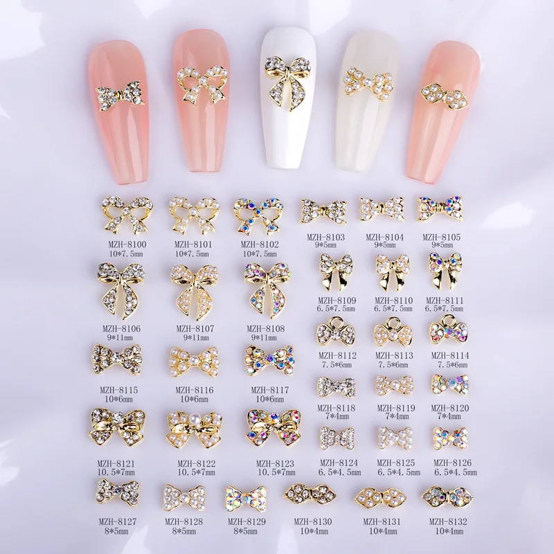 

100Pcs Gold/Silver Nail Art Bowtie Charms Multi-Designs Alloy Nail 3D Decoration Manicure Nail Pearl Crystal Rhinestones