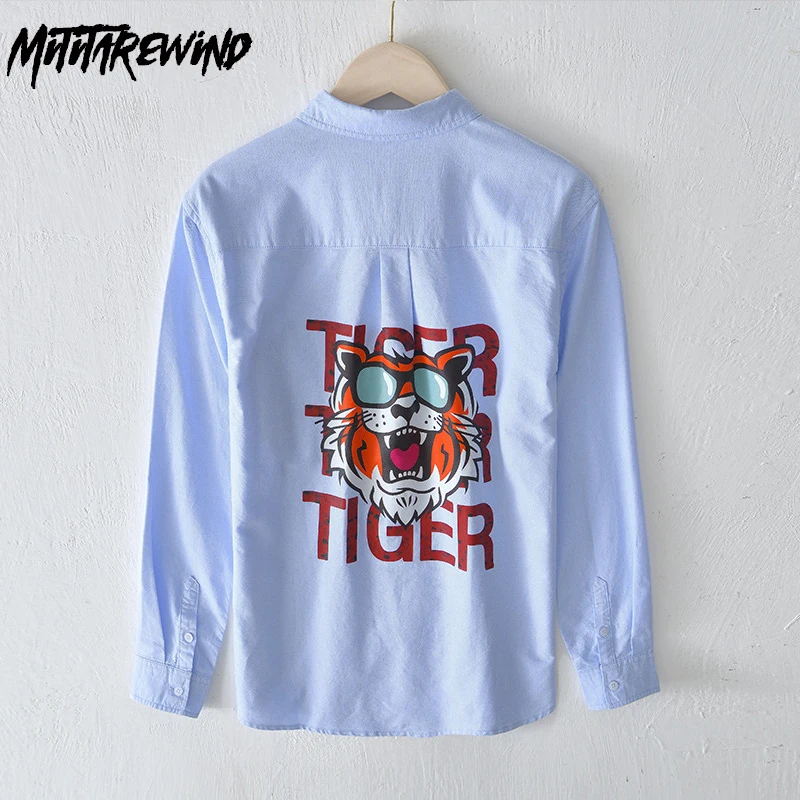 

Autumn Full Sleeve Shirt Men Street Youth Casual Shirts Pure Cotton Soft Oxford Spun Shirt Back Tiger Head Print Tops Fashion