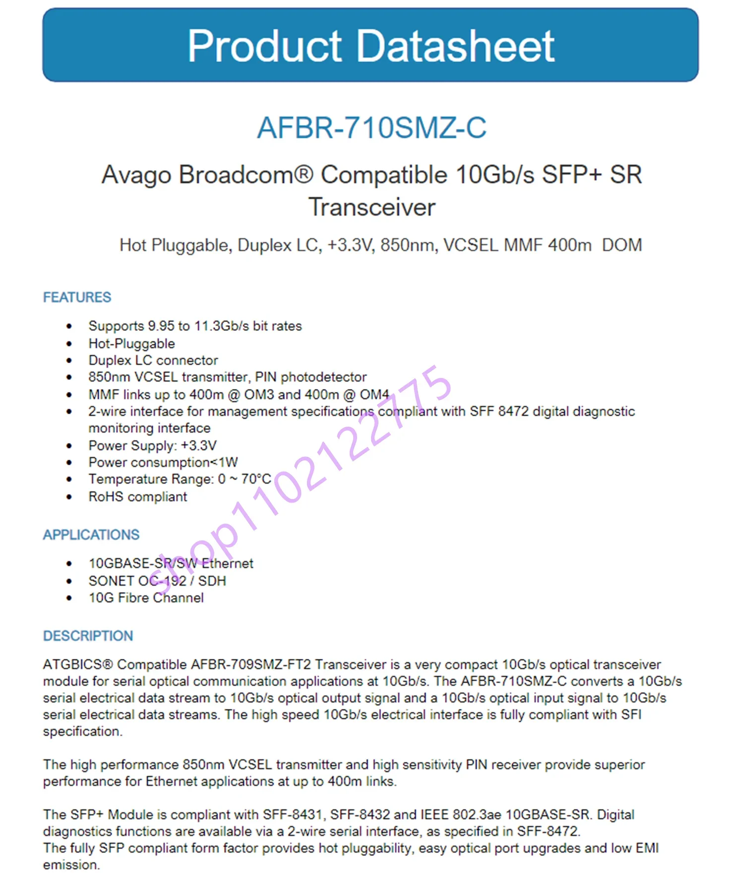 AVAGO SFP Module 10G/AFBR-710SMZ/SFP+ 10G SR 850NM 10g Adapter General Purpose Fiber Switch/Fibre Channel Card Module
