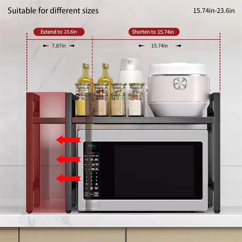 Adjustable Space-Saving Microwave Rack – 100kg Capacity, Kitchen Shelf with Hooks & Storage Organizer (Black): 3 - 5 Days Free Delivery Only UK