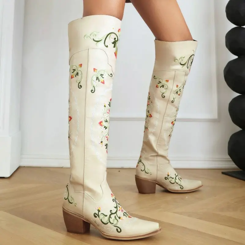 

Plus Size 34-43 New Women's Western Boots Block High Heels Embroider Over The Knee Boots Pointed Toe Winter Thigh High Boots