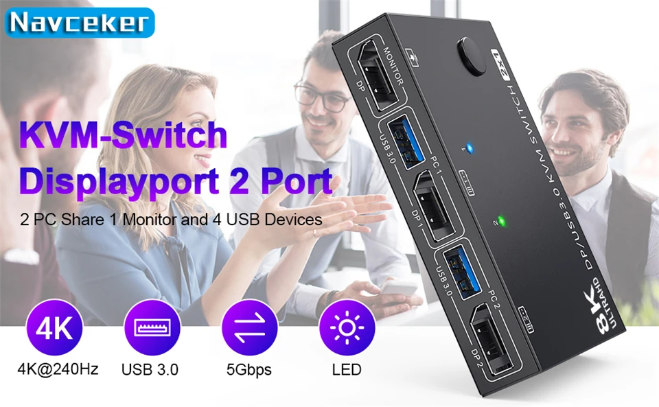 4K 240Hz DisplayPort KVM Switch 2 Port 8K 60Hz DP Video USB Switcher for 2 Deskt