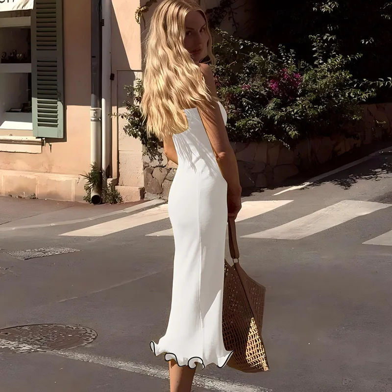 Vestido largo sexy sin espalda para mujer, elegante, ajustado, con ondas, orejas de hongo, patchwork, manga larga, otoño, nuevo