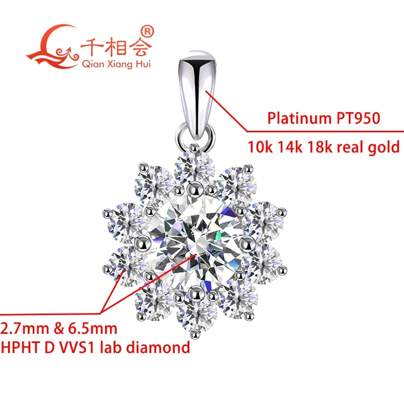 

13mm 10k 14k 18k real gold Platinum PT950 1ct D VVS1 HPHT CVD lab diamond Sunflower pendant necklace Jewelry wedding gift